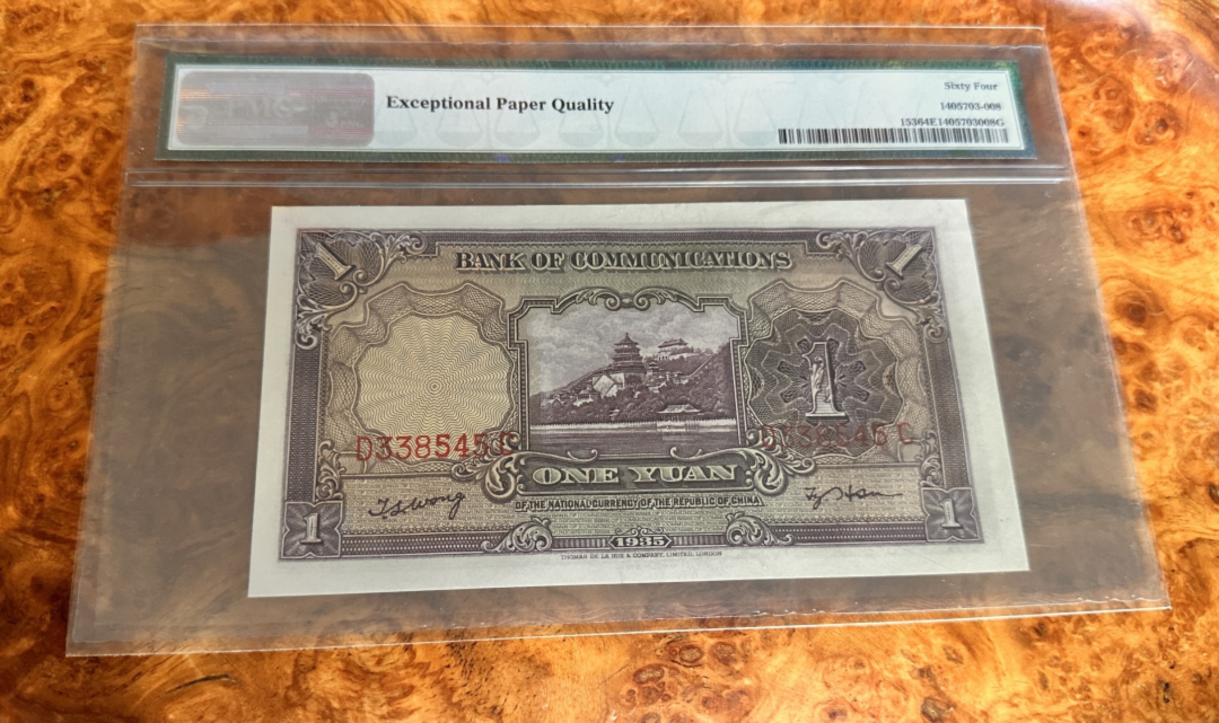 Chase Auction 第19期 - - 外钞、民国钞和人民币混合场！ 1935年民国交通银行1元，紫火车，PMG64e！