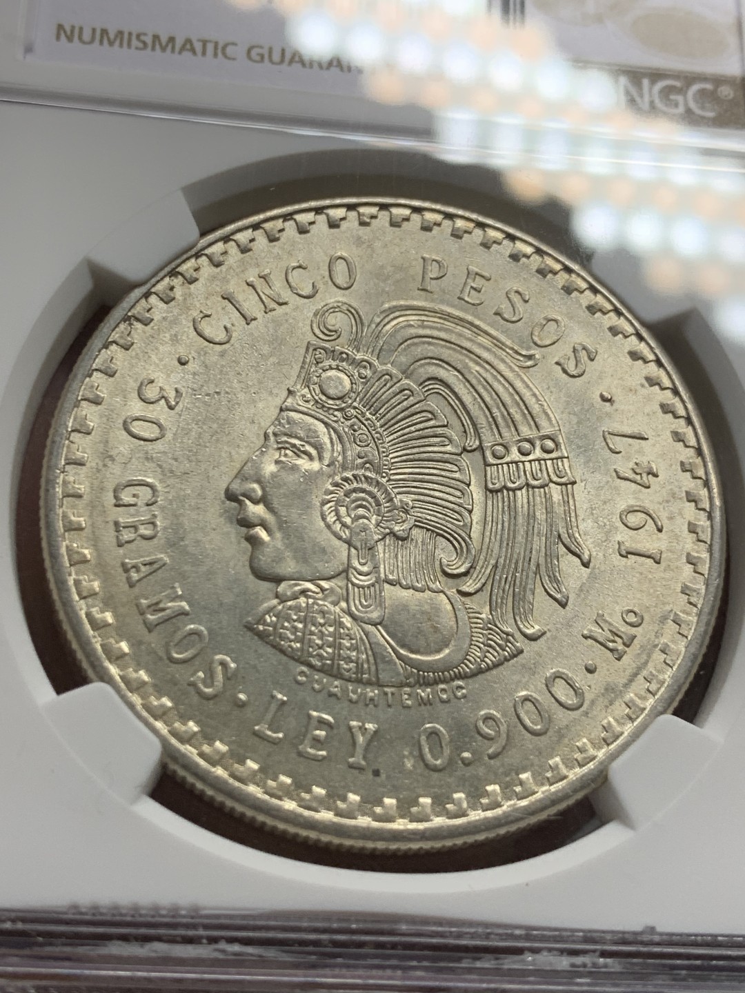 《竞宝斋》第143场-周日，周一 2场 (全场包邮) NGC-MS63 墨西哥1947年 印第安人头像5比索大银币 原光好品