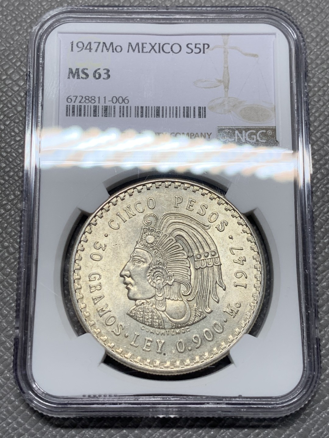 《竞宝斋》第143场-周日，周一 2场 (全场包邮) NGC-MS63 墨西哥1947年 印第安人头像5比索大银币 原光好品