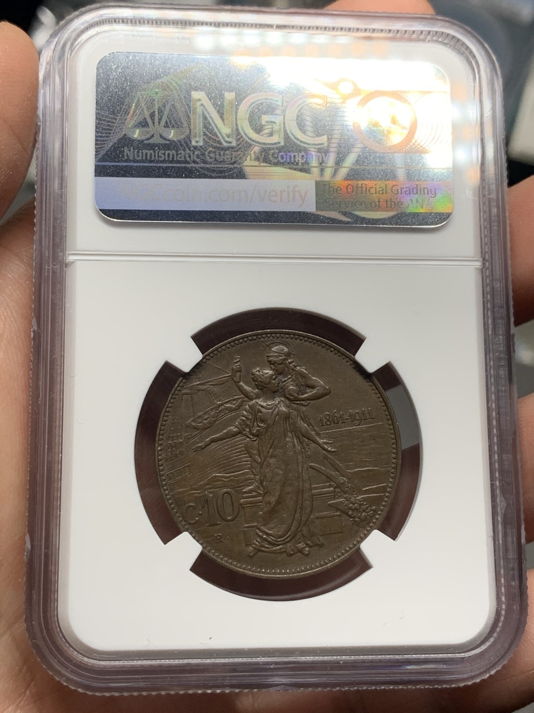 《竞宝斋》第143场-周日，周一 2场 (全场包邮) NGC AU-55BN，意大利1911年10分拖奶，均匀巧克力色贼拉好看，按MS买的裸币，不想折腾了