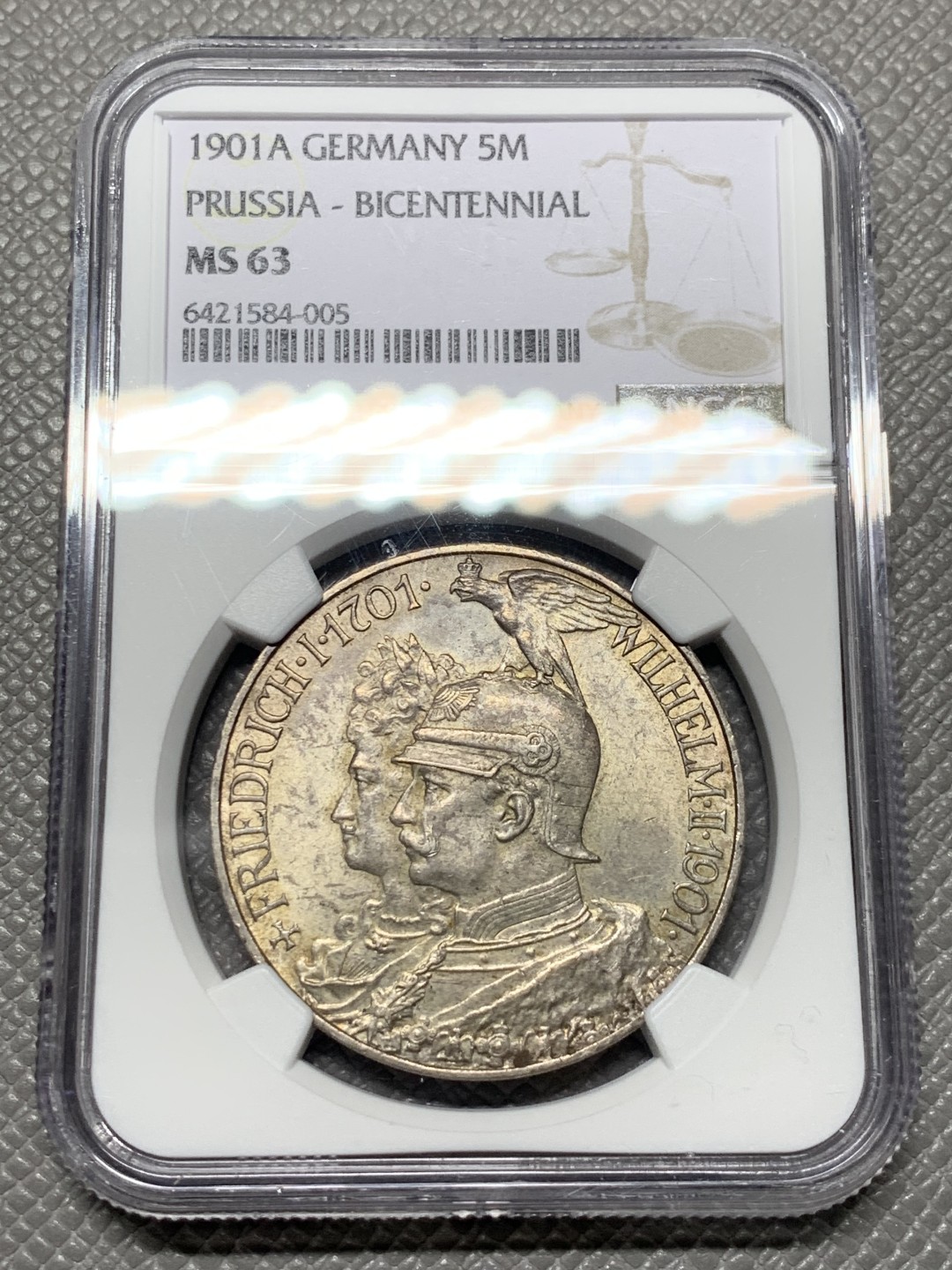 《竞宝斋》第143场-周日，周一 2场 (全场包邮) NGC MS63 1901年德国普鲁士建国200周年5马克 银币