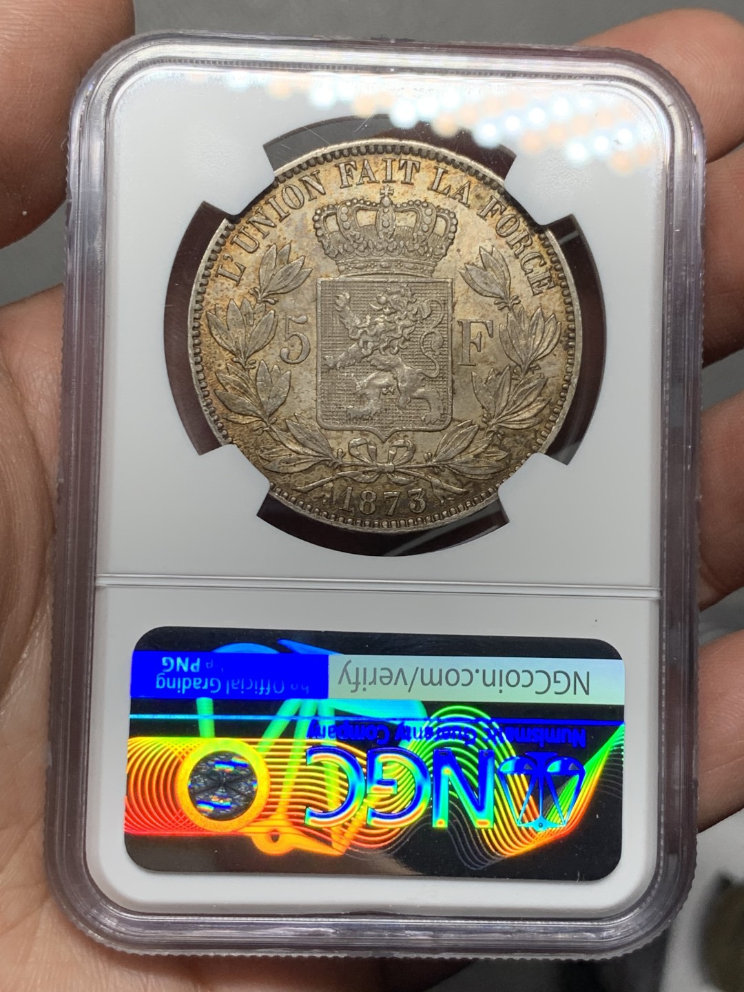 《竞宝斋》第143场-周日，周一 2场 (全场包邮) NGC UNC 1873年 比利时 利奥波德二世5法郎 好品 包浆漂亮