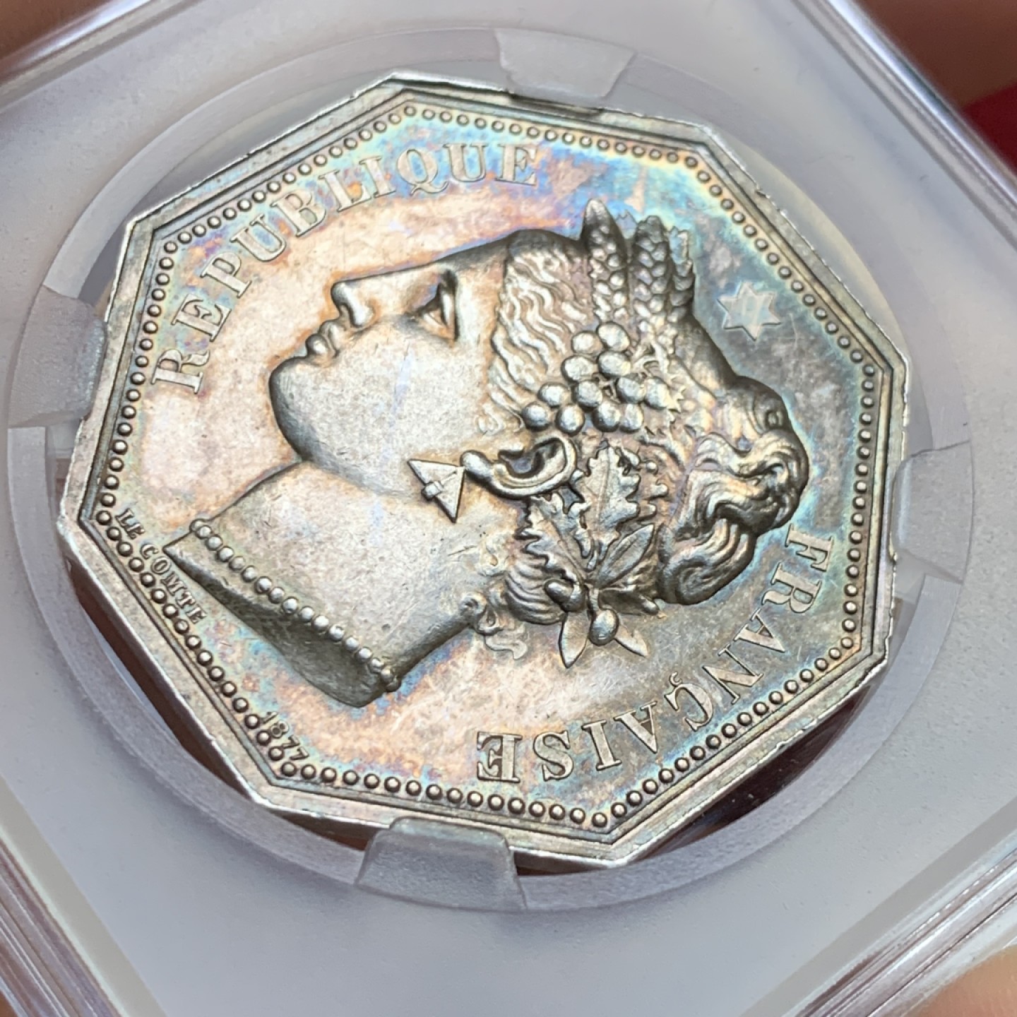 《竞宝斋》第143场-周日，周一 2场 (全场包邮) 法国 1880-1898 银质八角代币  鲁昂地区公证人 金紫包浆非常漂亮 个头很大 丰饶角边铭 22.3g 36.2mm