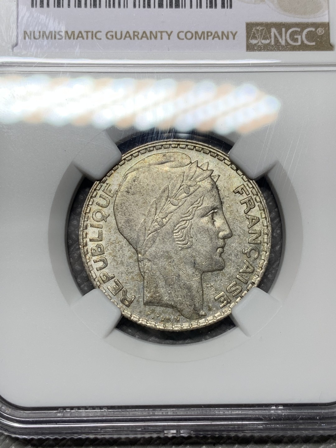 《竞宝斋》第143场-周日，周一 2场 (全场包邮) NGC-AU58 法国1938年 谷物女神10法郎银币 五彩包浆 低评