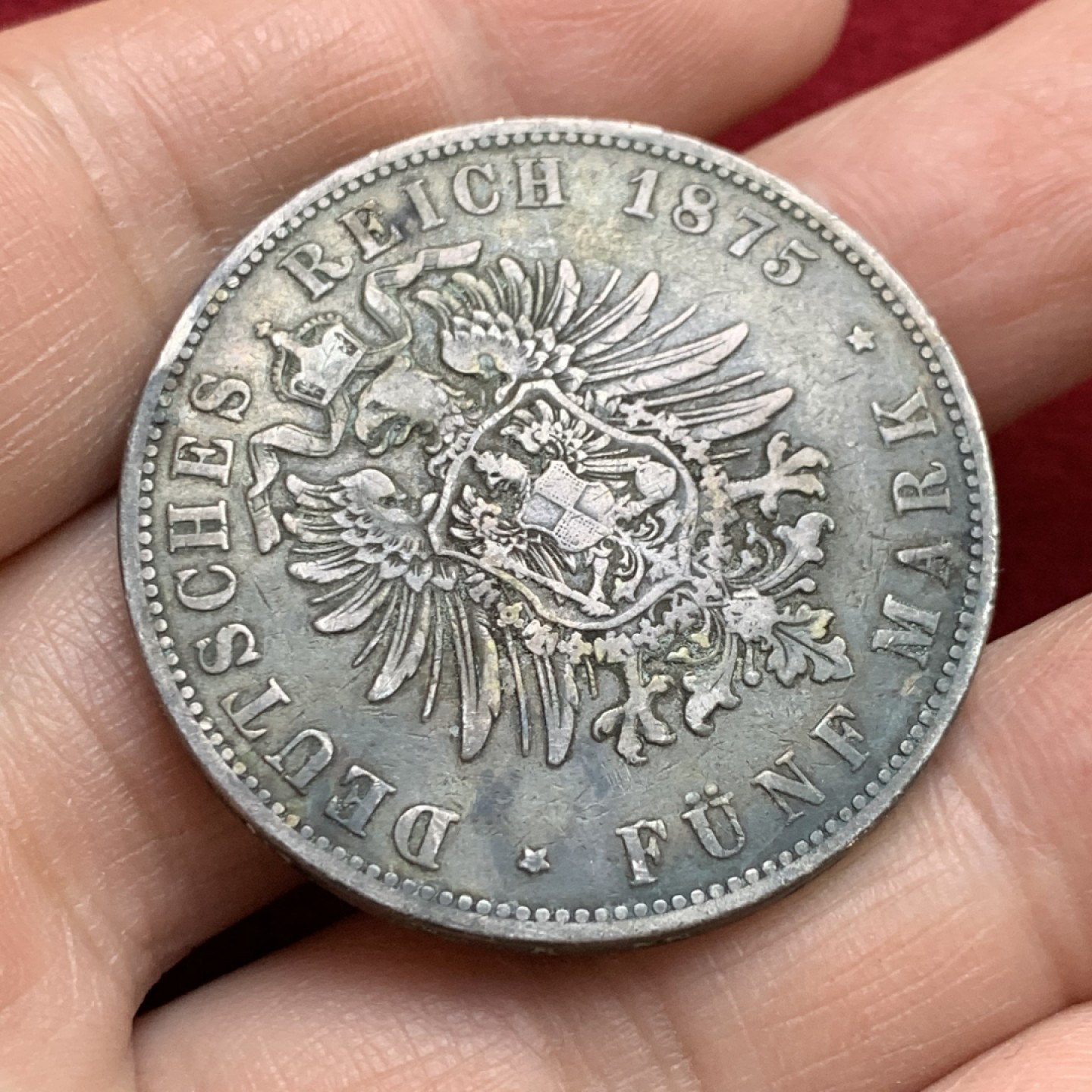 《竞宝斋》第143场-周日，周一 2场 (全场包邮) 德国1875年汉堡短翅五马克大银，早期少见年份,克劳斯XF书价400刀，流通品相老包浆