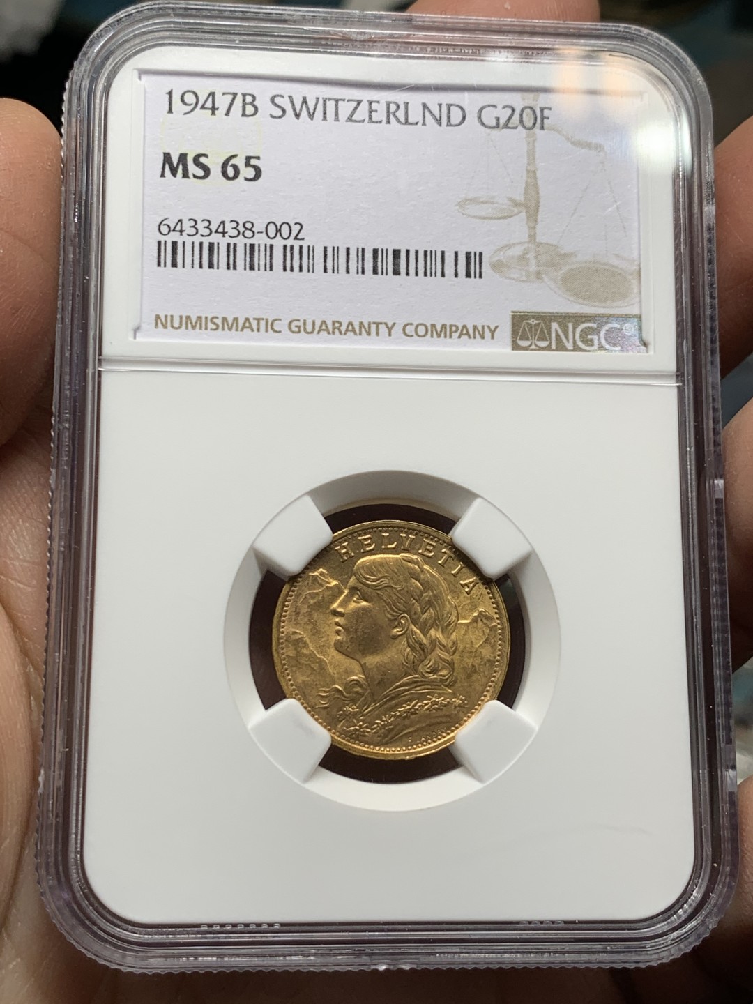 《竞宝斋》第143场-周日，周一 2场 (全场包邮) NGC MS65 瑞士雪山女神1947B金币 20法郎金币 6.5克9成金 少见品相性价比高