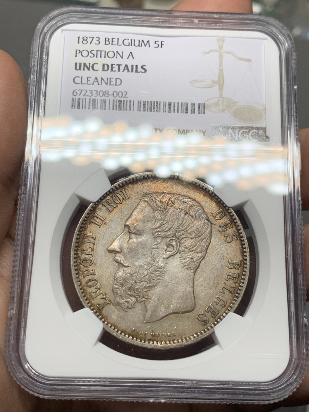 《竞宝斋》第143场-周日，周一 2场 (全场包邮) NGC UNC 1873年 比利时 利奥波德二世5法郎 好品 包浆漂亮