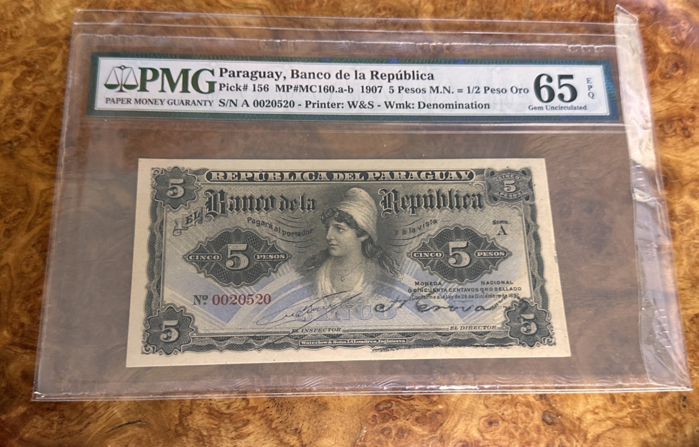 Chase Auction 第19期 - - 外钞、民国钞和人民币混合场！ 1907年巴拉圭5比索，PMG65！