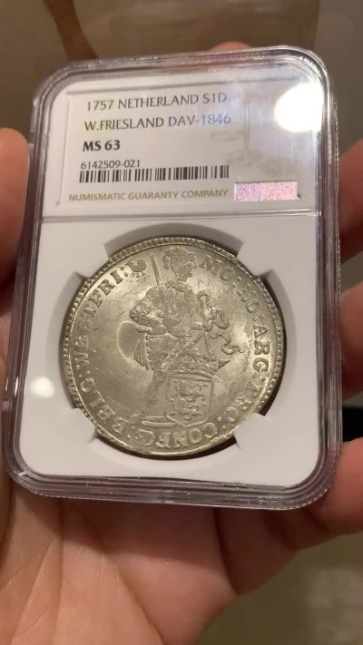 《竞宝斋》第143场-周日，周一 2场 (全场包邮) NGC-MS63 荷兰 1757年 站人武士 西弗里斯兰1D大银币 双面爽光 打制好 早期版本