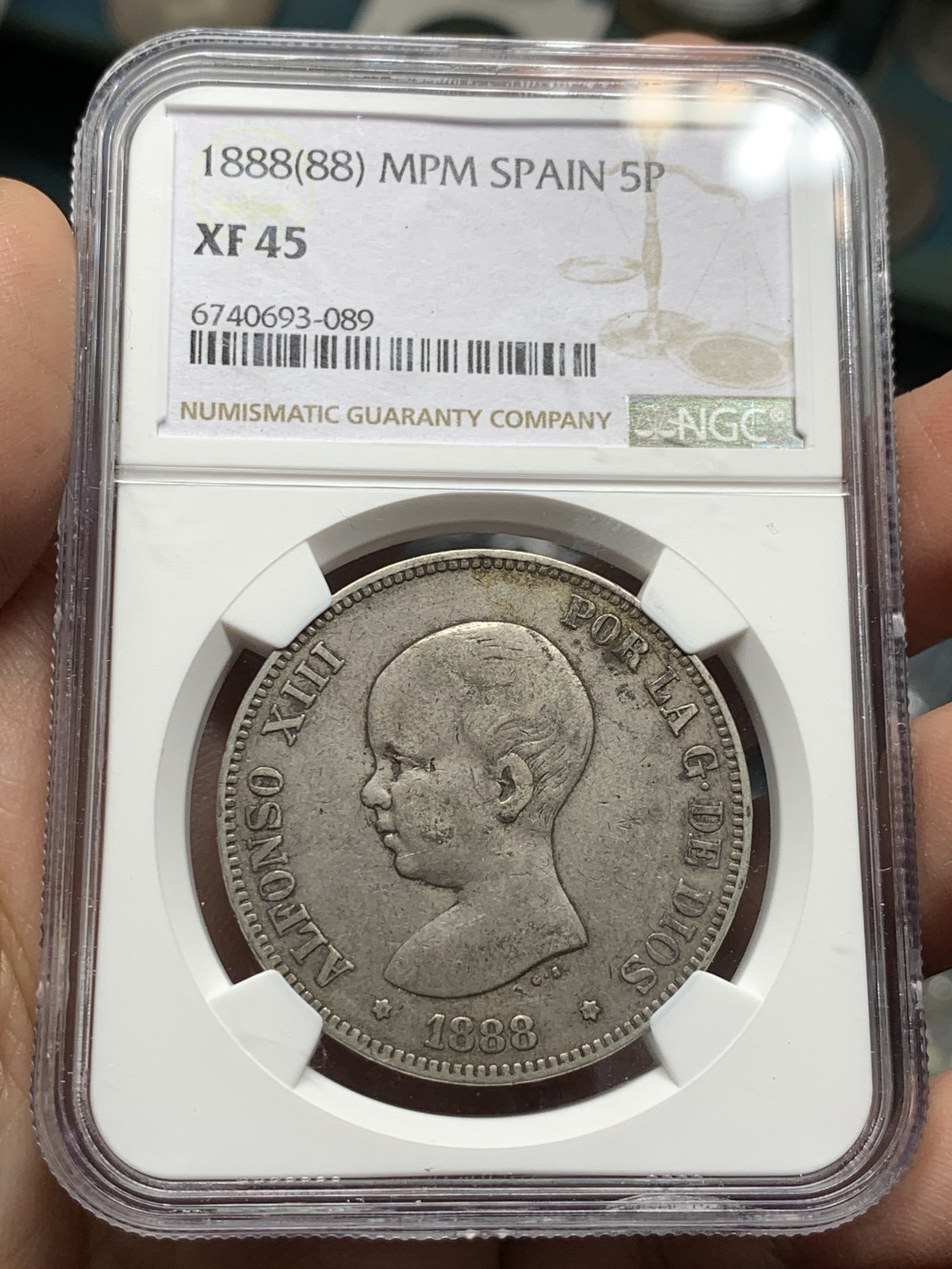 《竞宝斋》第143场-周日，周一 2场 (全场包邮) NGC-XF45 西班牙 1888年 婴儿小光头 5比塞塔 银币