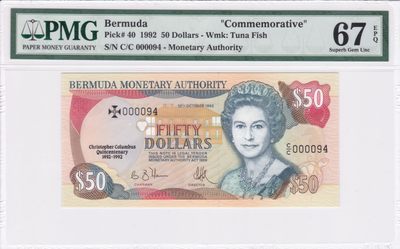 收藏联盟Quantum Auction 第240期拍卖 已更新 - 百慕大1992年50元 PMG67 纪念钞小号