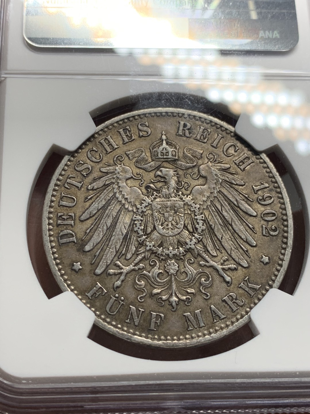 《竞宝斋》第143场-周日，周一 2场 (全场包邮) NGC-AU50 德国1902年 萨克森5马克大银币 传世黑包浆