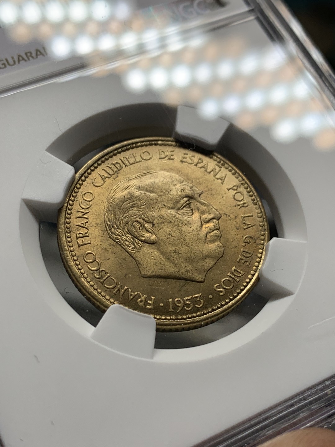 《竞宝斋》第143场-周日，周一 2场 (全场包邮) NGC-MS66 西班牙1953 佛朗哥 2.5比塞塔铜币 顶级品相 单一年份 稀少面值