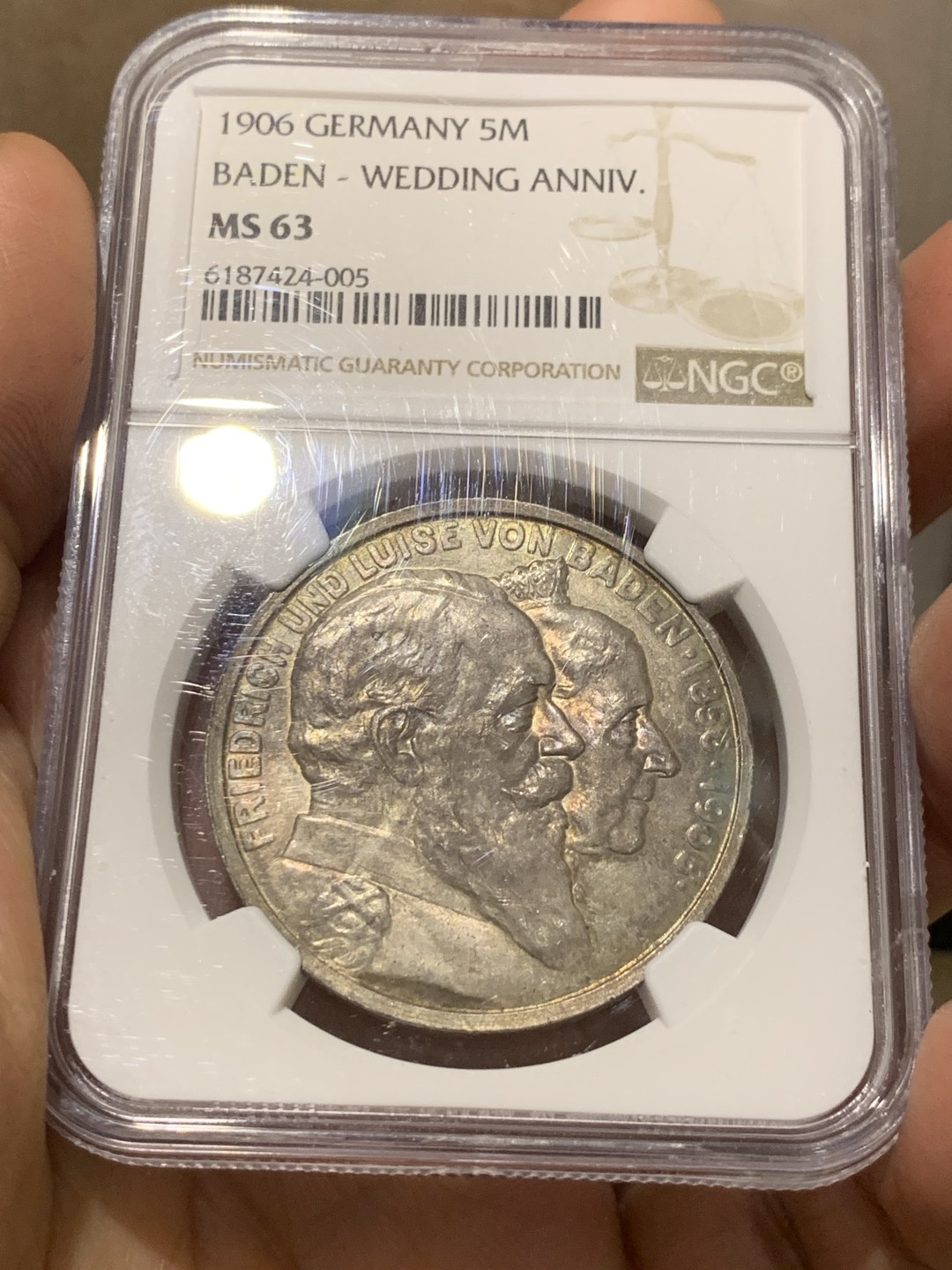 《竞宝斋》第143场-周日，周一 2场 (全场包邮) NGC-MS63 德国 1906年 5马克 银币 巴登 金婚纪念大银币 包浆浑厚深沉 细节好