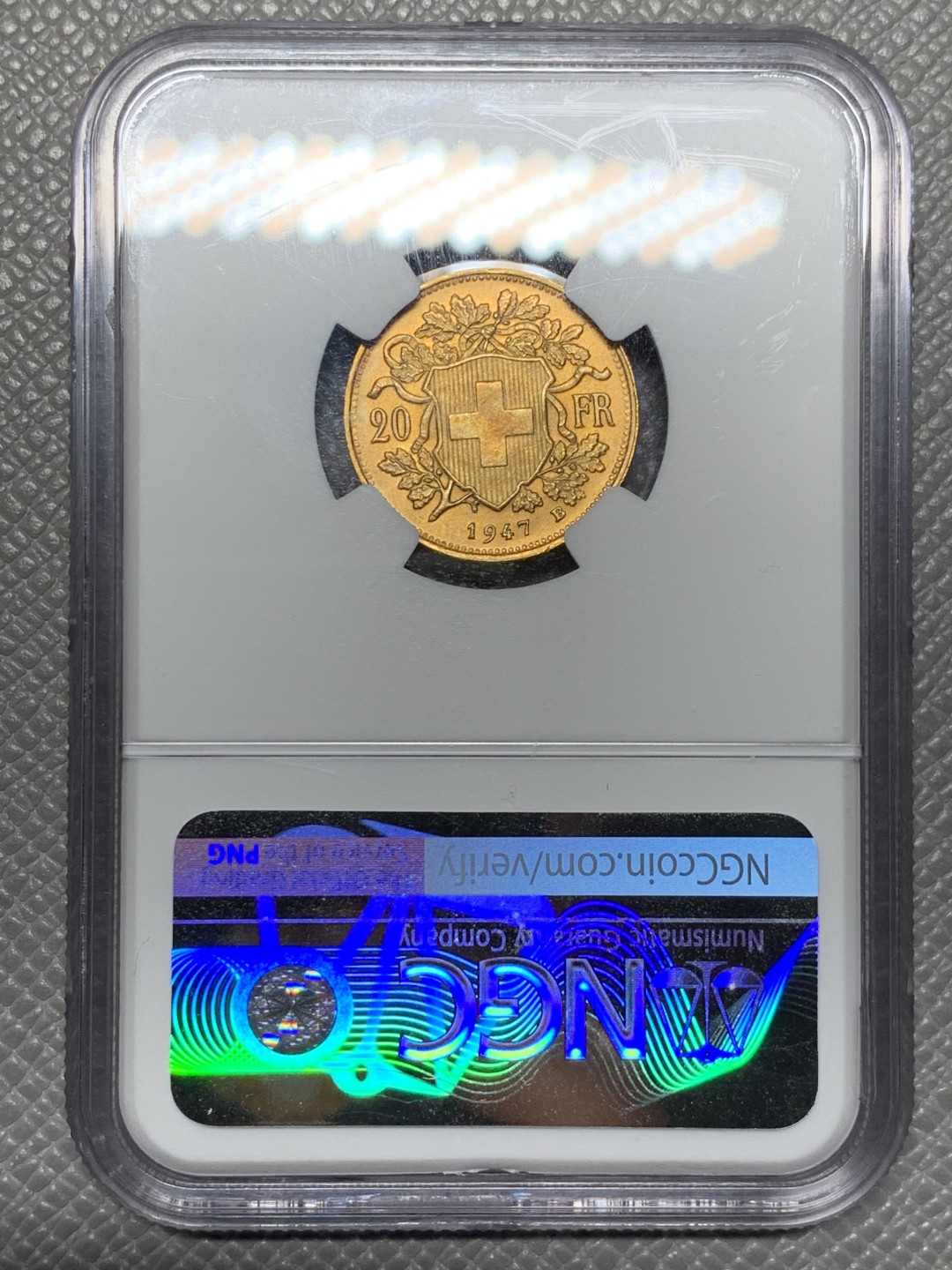 《竞宝斋》第143场-周日，周一 2场 (全场包邮) NGC MS65 瑞士雪山女神1947B金币 20法郎金币 6.5克9成金 少见品相性价比高