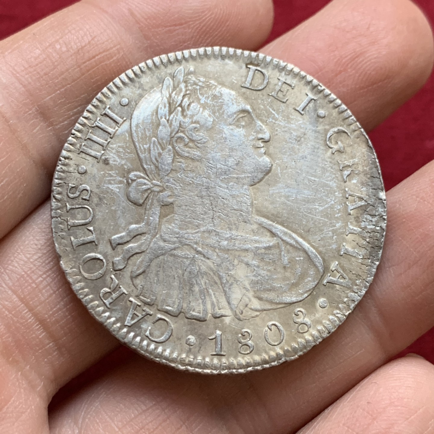 《竞宝斋》第143场-周日，周一 2场 (全场包邮) 墨西哥 1808 卡四 双柱8R 大银币 细节不错 原味状态