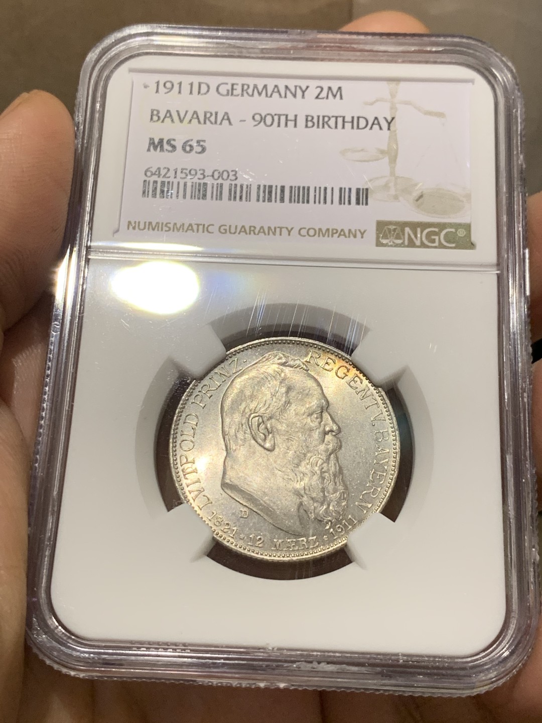 《竞宝斋》第143场-周日，周一 2场 (全场包邮) NGC MS65 1911年德国巴伐利亚2马克银币 顶级品相