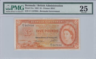 收藏联盟Quantum Auction 第240期拍卖 已更新 - 百慕大1952年5镑 PMG25 稀少高面值