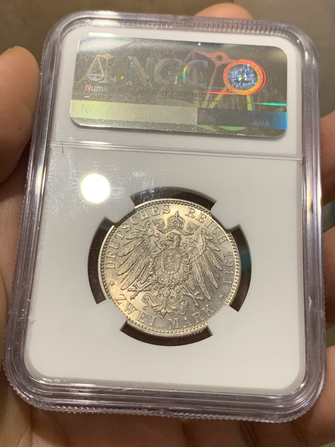 《竞宝斋》第143场-周日，周一 2场 (全场包邮) NGC MS65 1911年德国巴伐利亚2马克银币 顶级品相