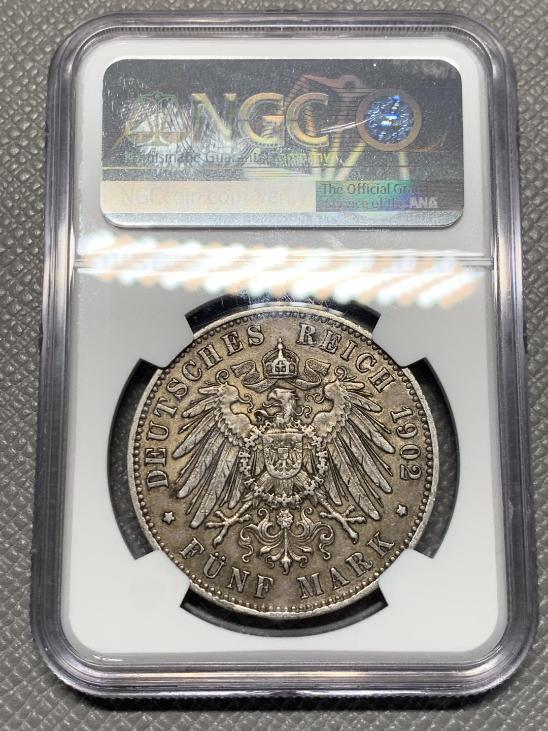 《竞宝斋》第143场-周日，周一 2场 (全场包邮) NGC-AU50 德国1902年 萨克森5马克大银币 传世黑包浆