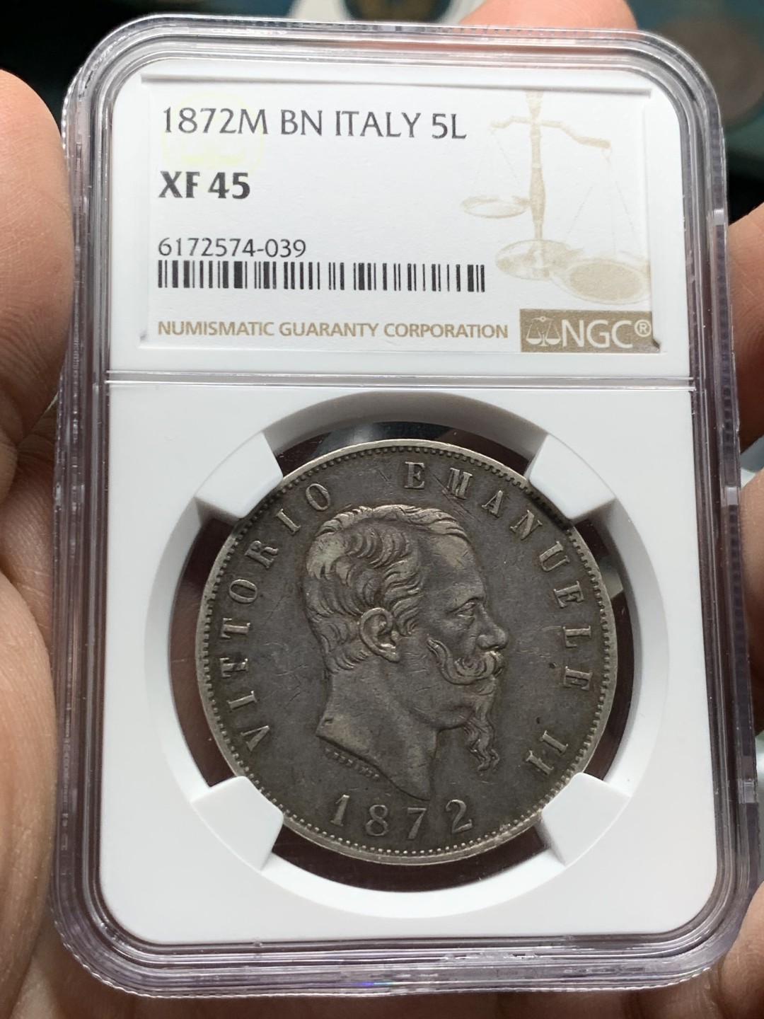 《竞宝斋》第143场-周日，周一 2场 (全场包邮) NGC-XF45 1872年意大利5里拉银币，原味包浆