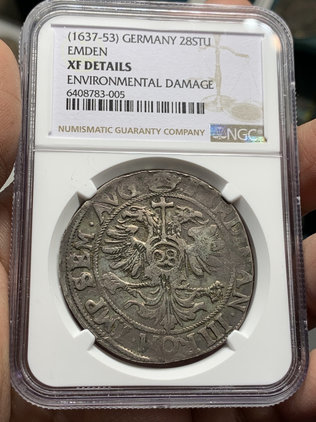 《竞宝斋》第143场-周日，周一 2场 (全场包邮) NGC-XF 德国1637年 双头鹰 28S 大银币 少见品种