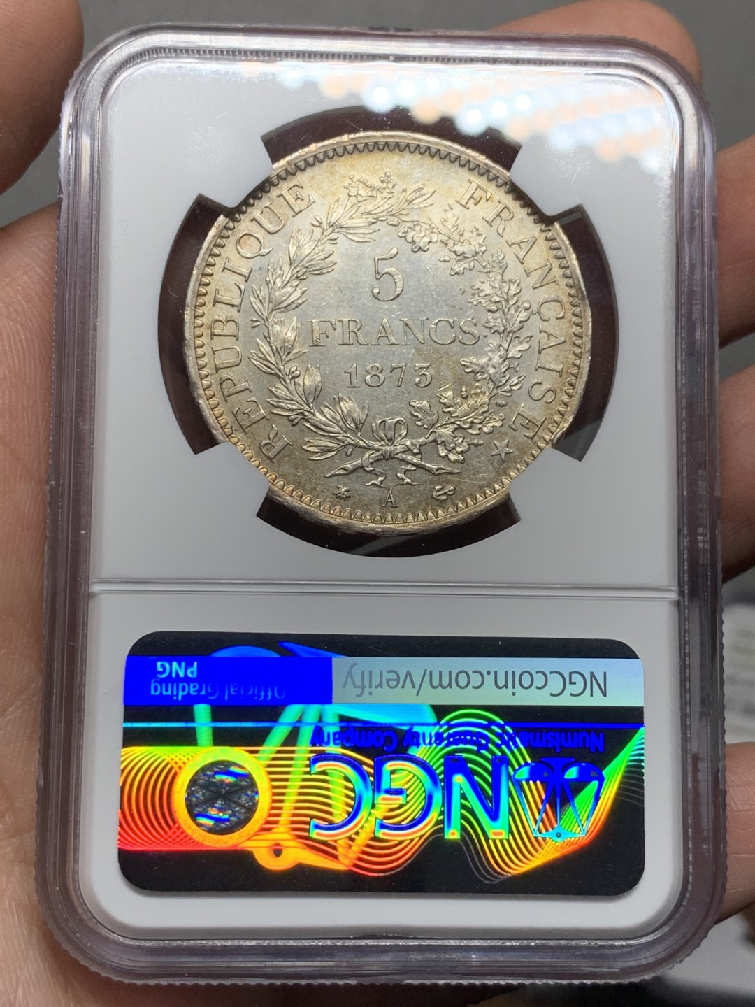 《竞宝斋》第143场-周日，周一 2场 (全场包邮) NGC UNC  法国 1873年 大力神银币 好品低评包浆漂亮 MS的既视感