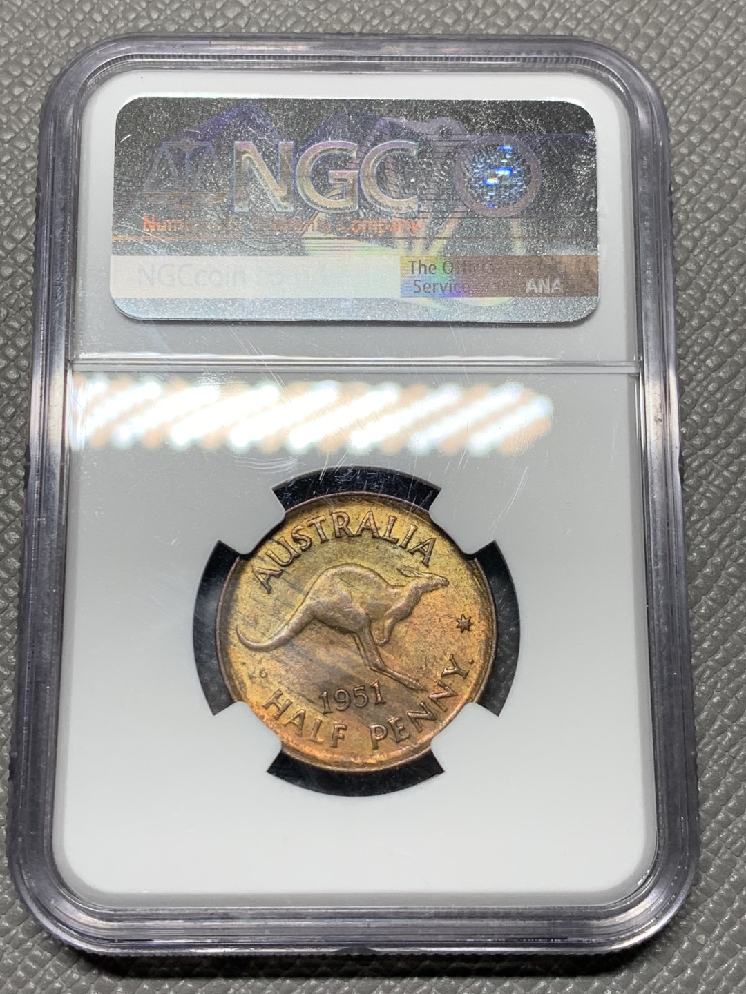 《竞宝斋》第143场-周日，周一 2场 (全场包邮) NGC MS62 澳大利亚 1951 乔六 p版1/2便士