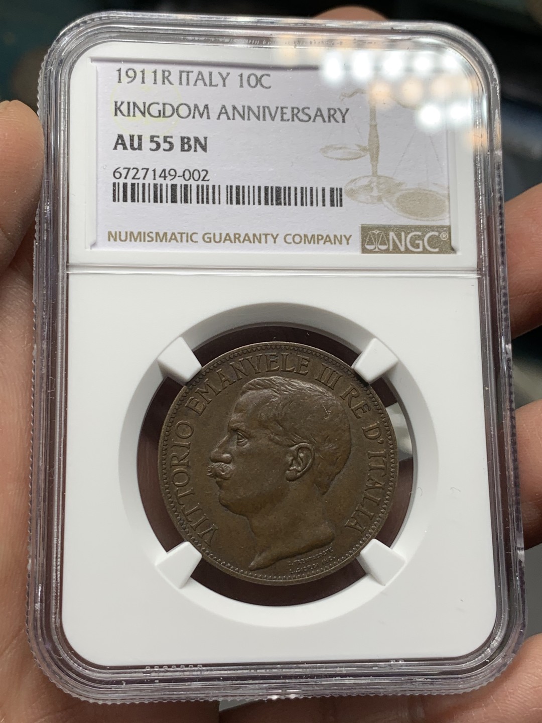 《竞宝斋》第143场-周日，周一 2场 (全场包邮) NGC AU-55BN，意大利1911年10分拖奶，均匀巧克力色贼拉好看，按MS买的裸币，不想折腾了