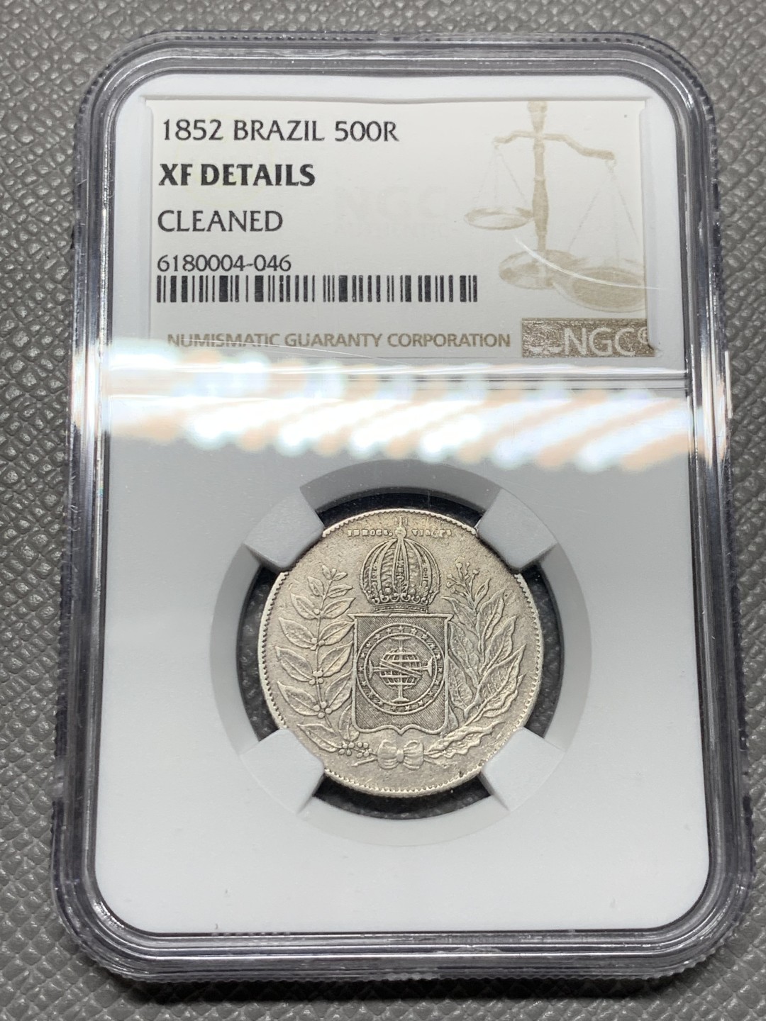 《竞宝斋》第143场-周日，周一 2场 (全场包邮) NGC-XF 1852巴西500里亚尔银币，大叶版