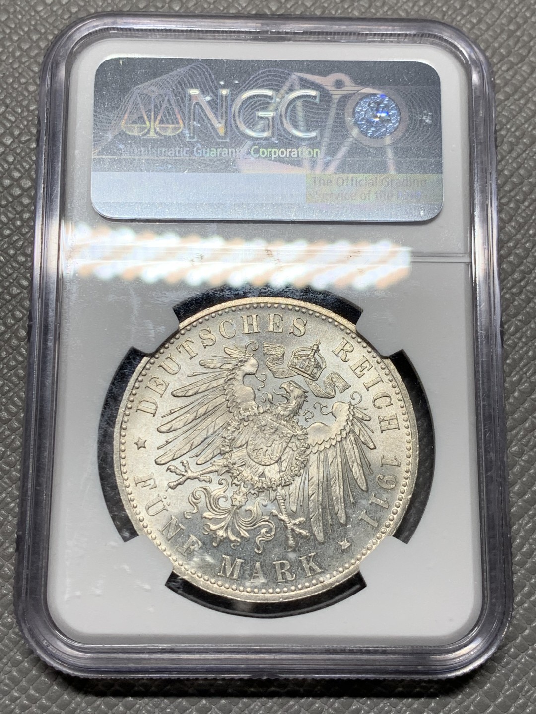 《竞宝斋》第143场-周日，周一 2场 (全场包邮) NGC-MS63 德国 1911年 5马克 银币 巴伐利亚  摄政王90大寿纪念银币 细节完美 高分难得