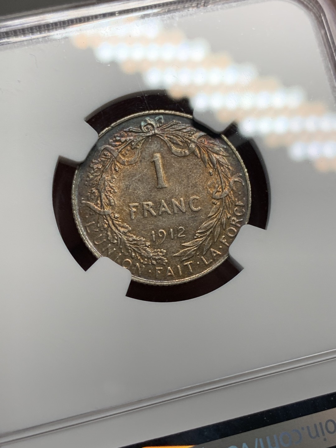 《竞宝斋》第143场-周日，周一 2场 (全场包邮) NGC-AU58 比利时1912年阿尔贝托国王 1法郎银币 五彩包浆非常漂亮