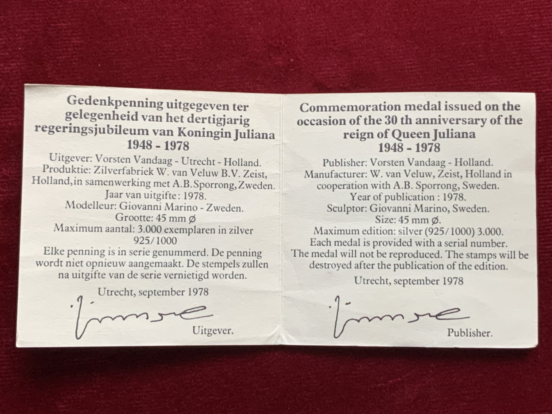 《竞宝斋》第143场-周日，周一 2场 (全场包邮) 1978年荷兰安娜女王登基30周年纪念，直径45mm，重量61.8g，非常厚重的银章，有证书