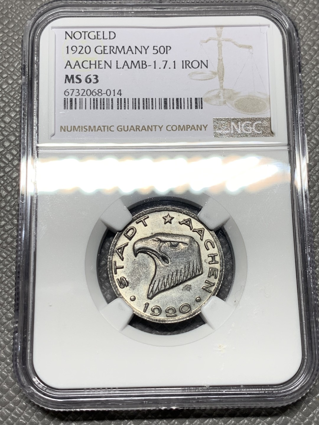 《竞宝斋》第143场-周日，周一 2场 (全场包邮) NGC-MS63 德紧 1920年 亚琛小名誉品种 50芬尼 鹰头铁币