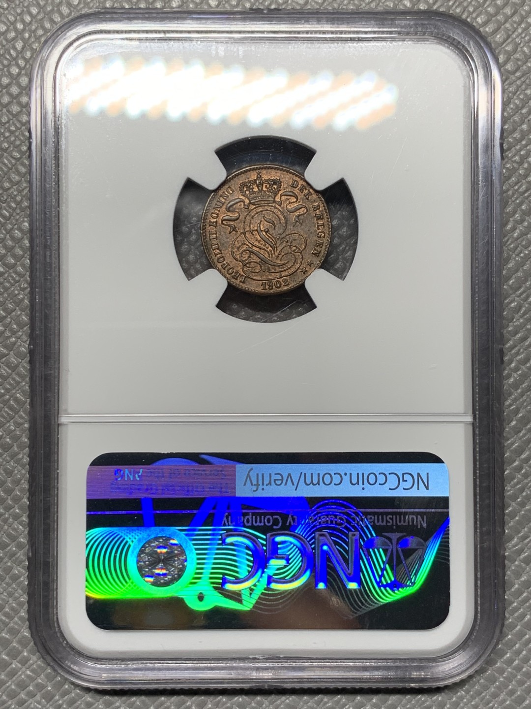 《竞宝斋》第143场-周日，周一 2场 (全场包邮) 唯一冠军分 NGC-MS63 比利时1902年 狮子1分 铜币 顶级品相