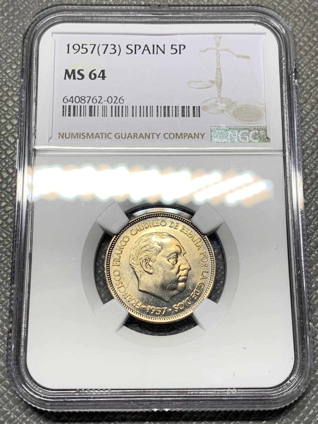 《竞宝斋》第143场-周日，周一 2场 (全场包邮) NGC-MS64 西班牙1957年 佛朗哥 5比塞塔镍币 顶级品相