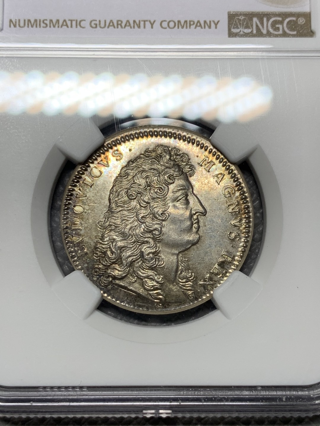 《竞宝斋》第143场-周日，周一 2场 (全场包邮) NGC-MS63 法国1683年路易十四 圆形JETON 五彩包浆 发丝清晰可见 JETON里的战斗机