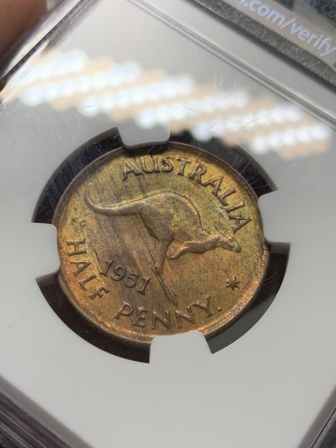 《竞宝斋》第143场-周日，周一 2场 (全场包邮) NGC MS62 澳大利亚 1951 乔六 p版1/2便士