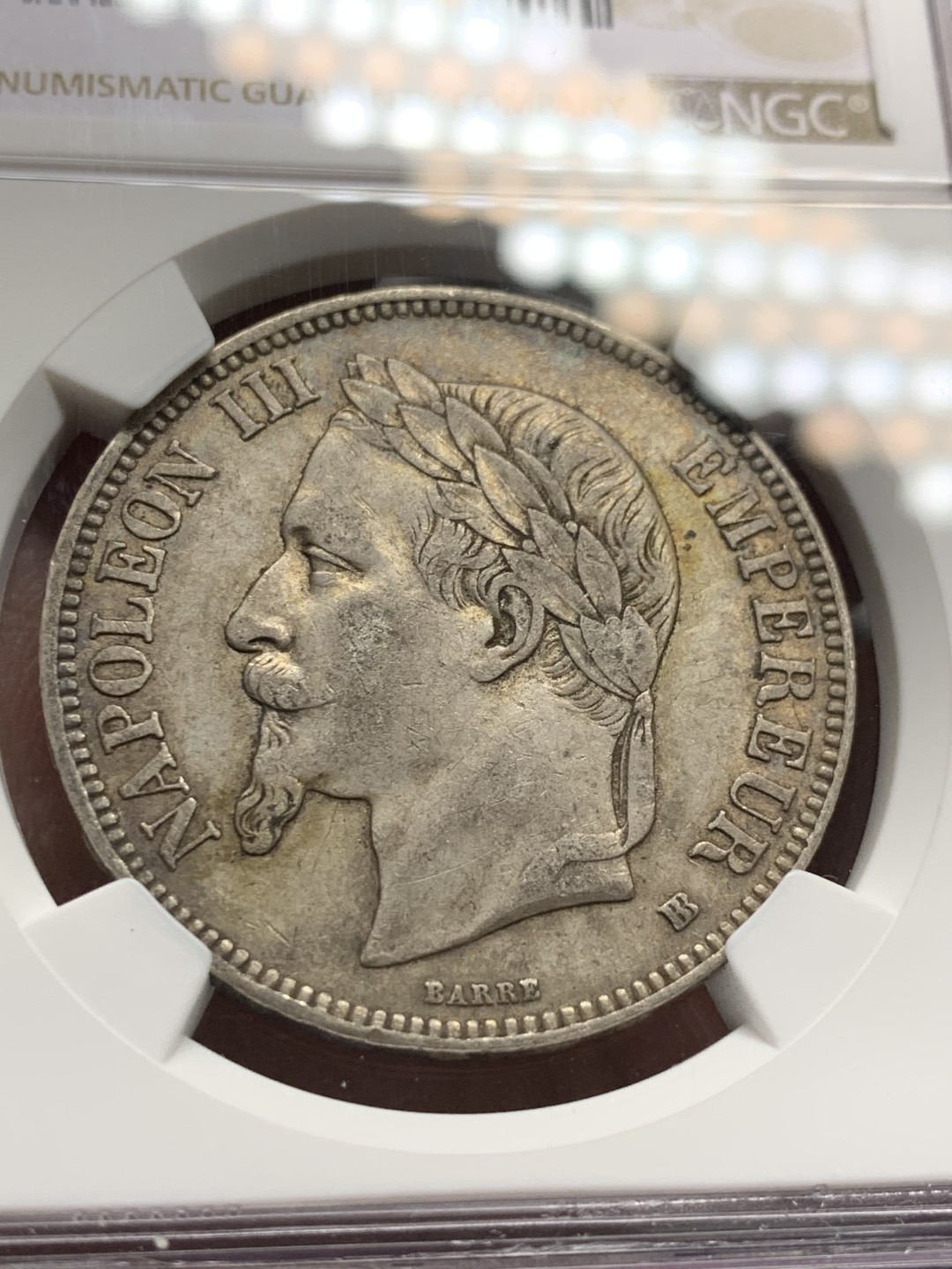 《竞宝斋》第143场-周日，周一 2场 (全场包邮) NGC-AU53 法国1868-BB年 拿破仑三世 5法郎大银币 原味老包浆