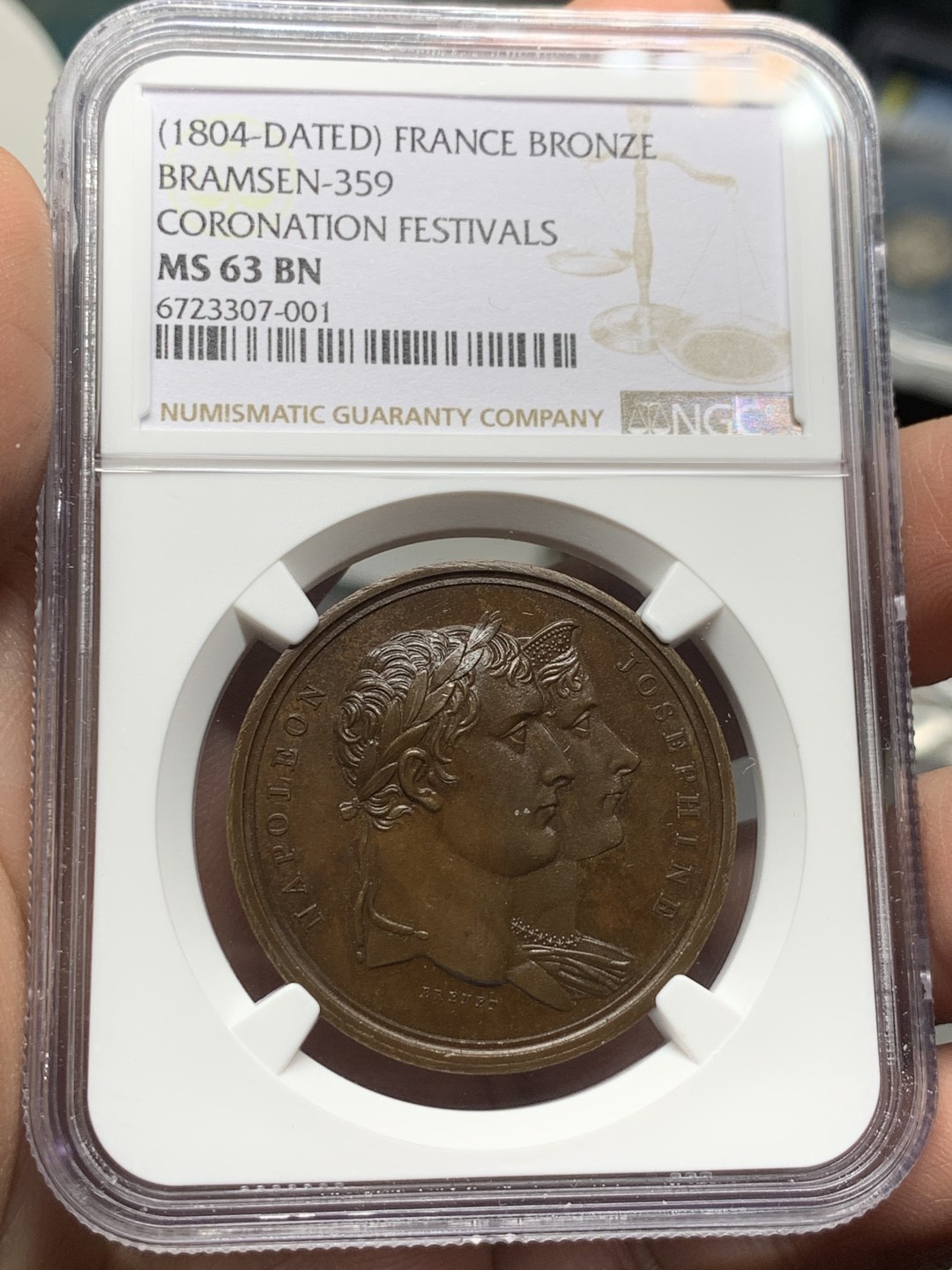《竞宝斋》第143场-周日，周一 2场 (全场包邮) NGC MS63BN 法国 1804年拿破仑 加冕纪念铜章 正面为拿破仑和约瑟芬的半身像 背面细节充沛 非常不错