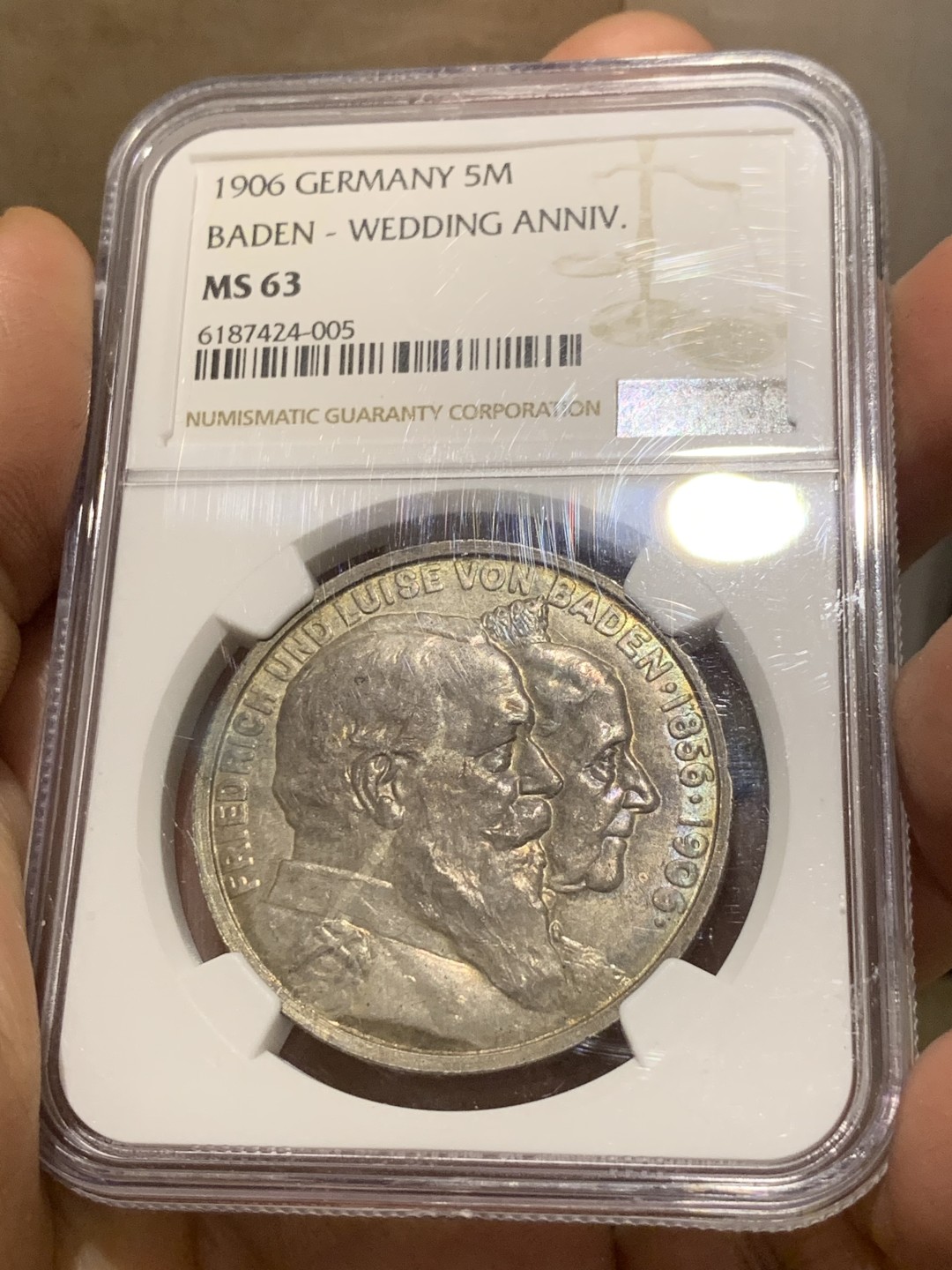 《竞宝斋》第143场-周日，周一 2场 (全场包邮) NGC-MS63 德国 1906年 5马克 银币 巴登 金婚纪念大银币 包浆浑厚深沉 细节好