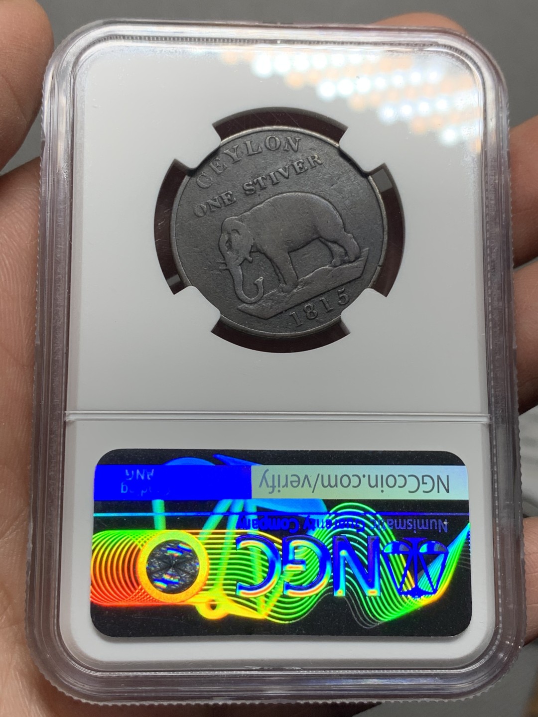 《竞宝斋》第143场-周日，周一 2场 (全场包邮) NGC VF 1815年 英属锡兰 乔治三世1Stiver铜币，乔三头像+亚洲象的组合。少见品种，英属锡兰首年，单年版本。同年英国废黜原锡兰国王，并由乔三兼任
