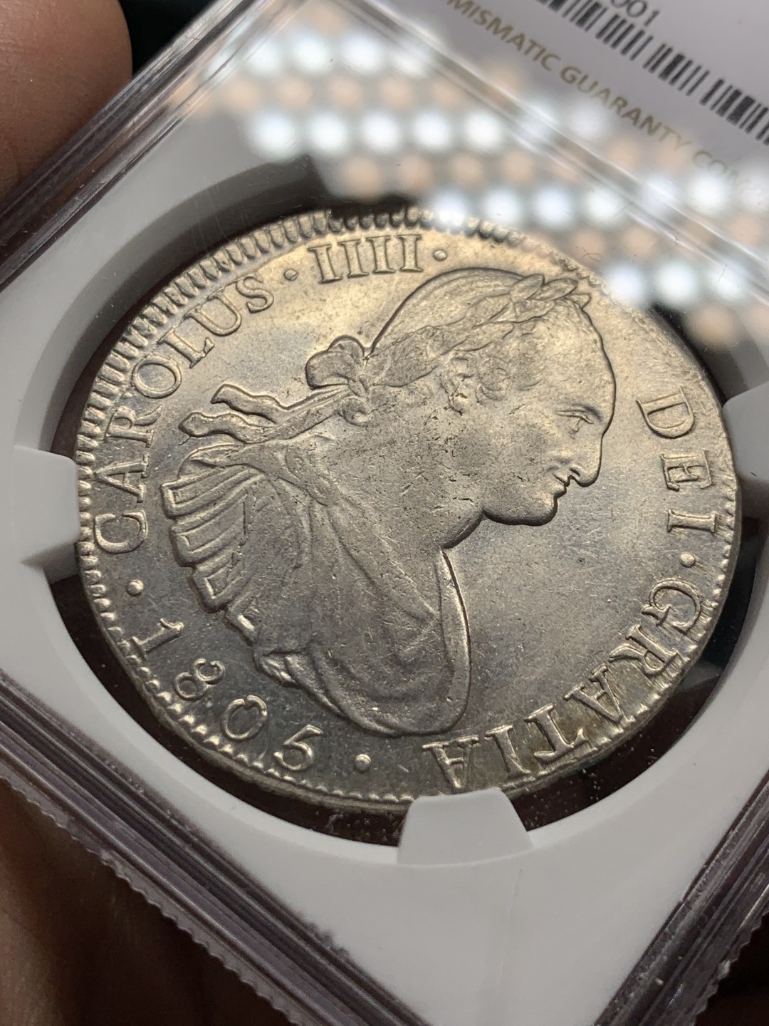 《竞宝斋》第143场-周日，周一 2场 (全场包邮) NGC AU55 墨西哥 1805年 卡四 双柱大银币 原味包浆 打制的非常好