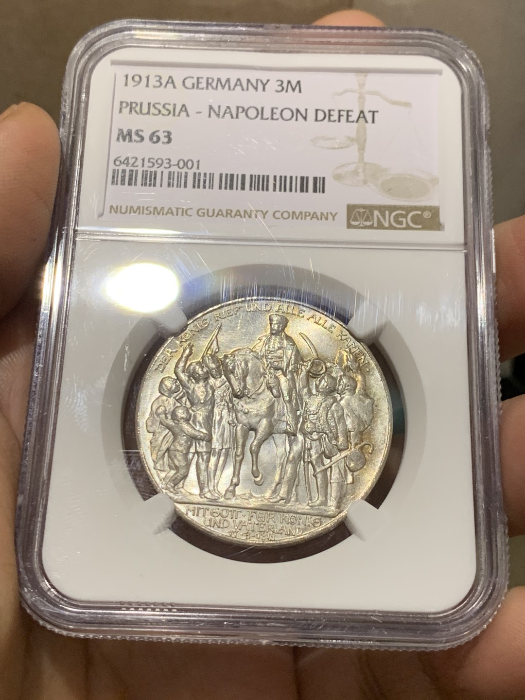 《竞宝斋》第143场-周日，周一 2场 (全场包邮) NGC MS63 1913年德国普鲁士战胜拿破仑3马克 银币