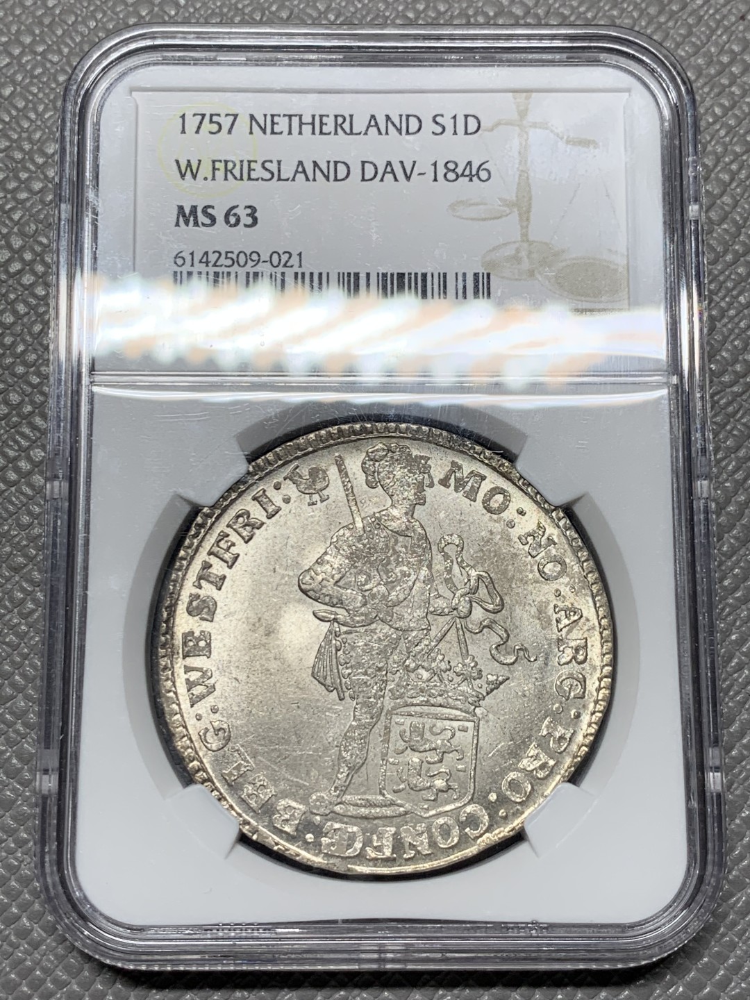 《竞宝斋》第143场-周日，周一 2场 (全场包邮) NGC-MS63 荷兰 1757年 站人武士 西弗里斯兰1D大银币 双面爽光 打制好 早期版本