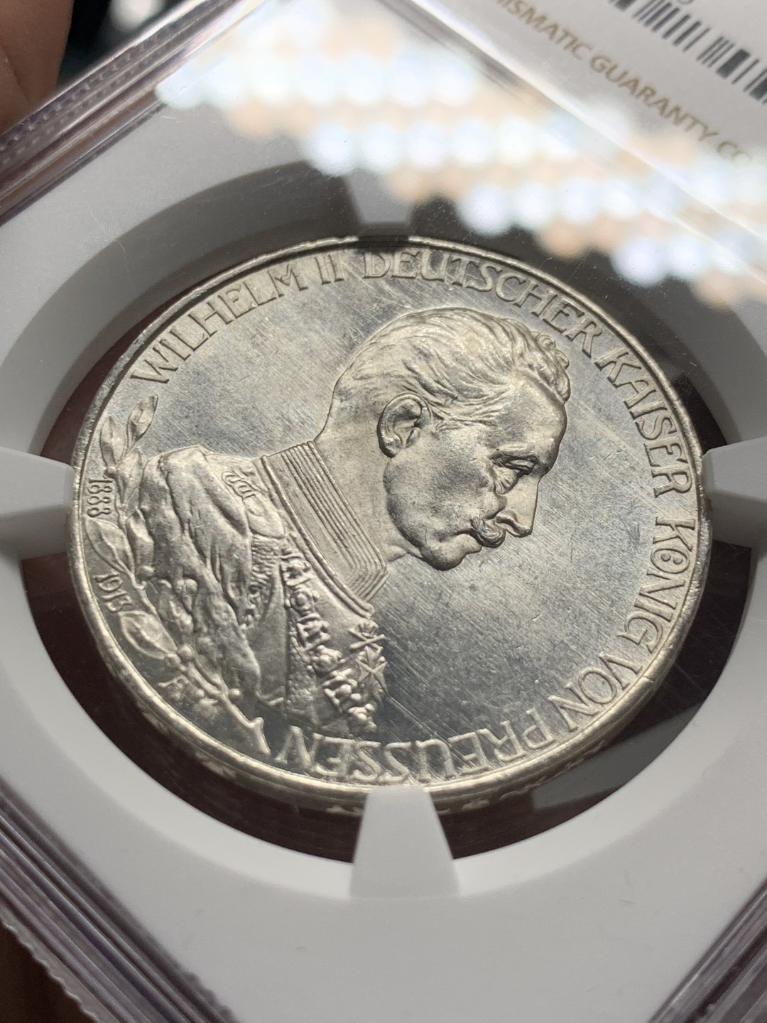 《竞宝斋》第143场-周日，周一 2场 (全场包邮) NGC-MS62 德国 1913年 3马克 银币 普鲁士 威廉二世军装版银币 原光好品 转光强烈