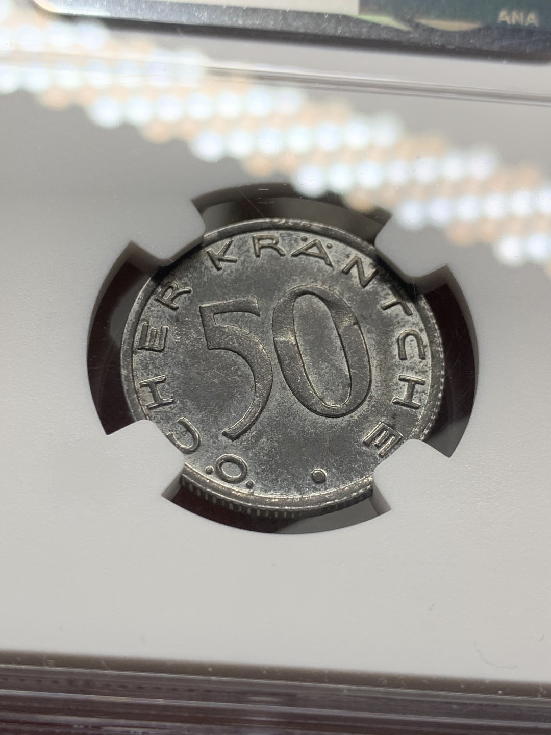 《竞宝斋》第143场-周日，周一 2场 (全场包邮) NGC-MS63 德紧 1920年 亚琛小名誉品种 50芬尼 鹰头铁币