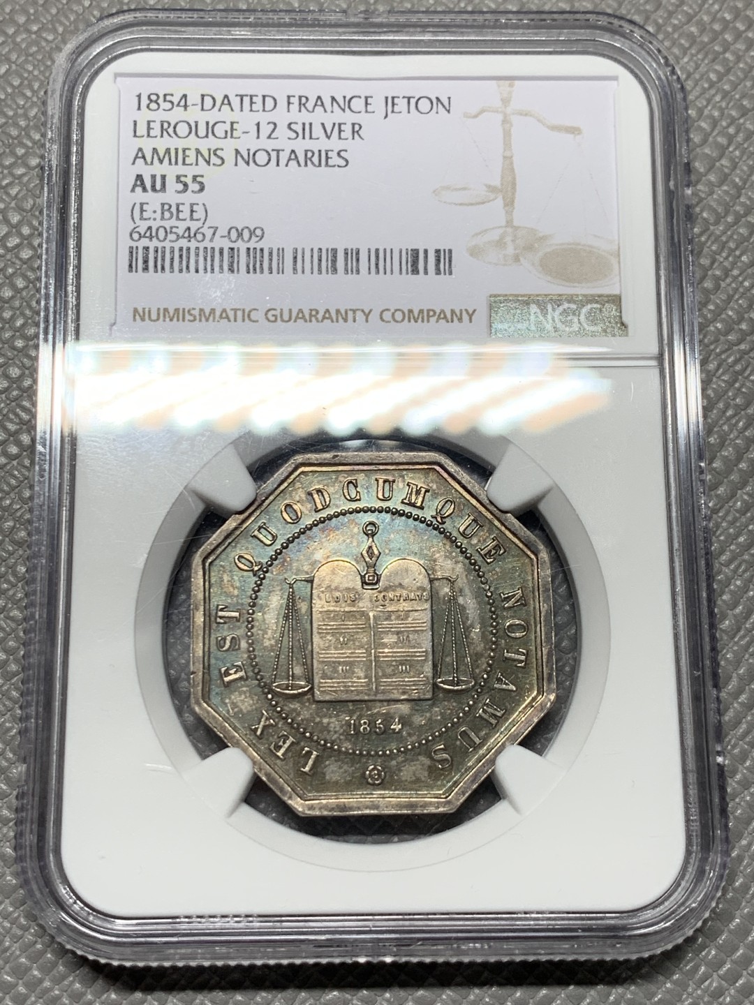 《竞宝斋》第143场-周日，周一 2场 (全场包邮) NGC-AU55 法国 1854 银质八角代币 JETON 公证人 蜜蜂边铭