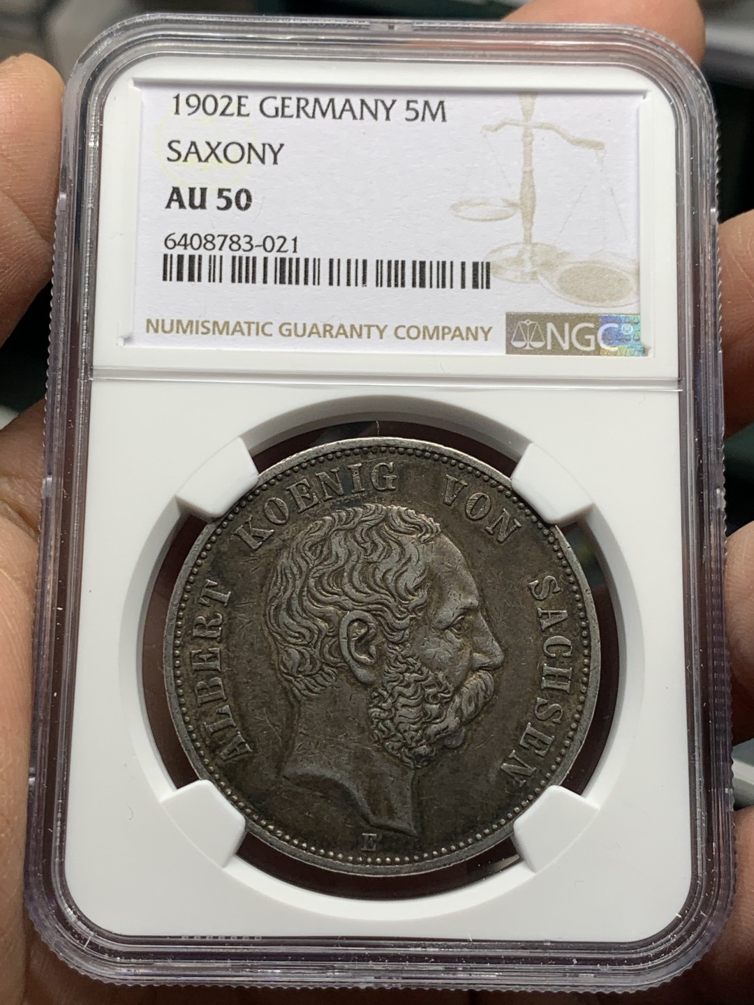 《竞宝斋》第143场-周日，周一 2场 (全场包邮) NGC-AU50 德国1902年 萨克森5马克大银币 传世黑包浆