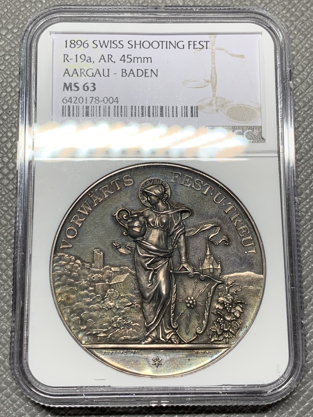《竞宝斋》第143场-周日，周一 2场 (全场包邮) NGC MS63 1896年 瑞三阿尔高射击节银章 稀少热门品种 镜面底板 高分品质 高点俱在,近乎完美,收藏一步到位